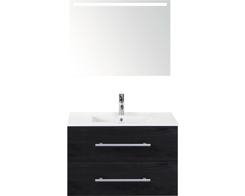 SANOX Badkamermeubelset Stretto met LED lichtspiegel en wastafel 81 cm black oak Wastafelmeubel met onderkast en verlichte spiegel voor de badkamer