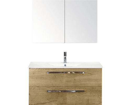 SANOX Badkamermeubelset Seville met spiegelkast en wastafel 101 cm natuur eiken Wastafelcombinatie met spiegelkast, kraan en twee laden