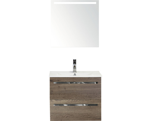 Badkamermeubelset Seville 60 cm keramische wastafel incl. spiegel met verlichting tabacco