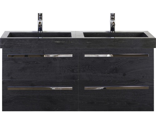 SANOX Badkamermeubelset Seville met zwarte dubbele wastafel 121 cm black oak Wastafelonderkast met twee wastafels en vier laden