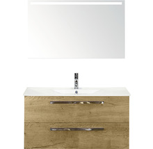 Wastafel met onderkast en spiegel met verlichting voor de badkamer