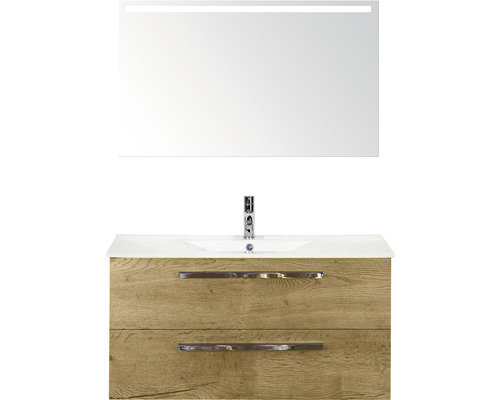 Badkamermeubelset Seville 100 cm keramische wastafel incl. spiegel met verlichting natuur eiken