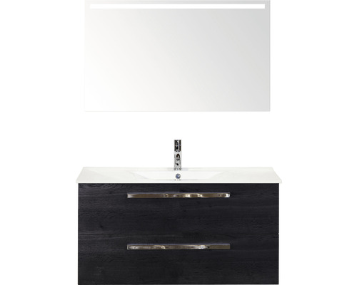 Badkamermeubelset Seville 100 cm keramische wastafel incl. spiegel met verlichting black oak