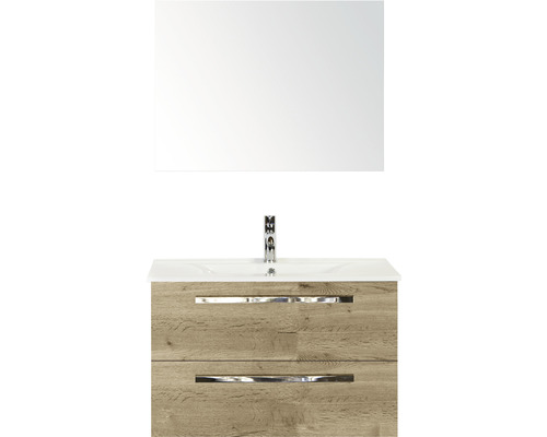 SANOX Badkamermeubelset Seville met spiegel en wastafel 81 cm natuur eiken Wastafelmeubel met twee lades, wastafel en spiegel voor de badkamer