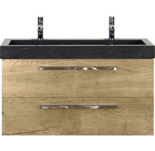 SANOX Badkamermeubelset Seville met zwarte dubbele wastafel met twee kraangaten 101 cm natuur eiken