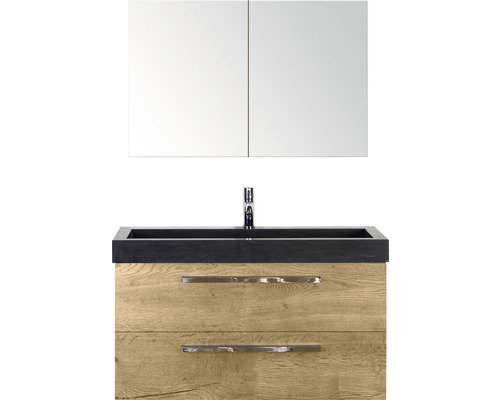 SANOX Badkamermeubelset Seville met spiegelkast en zwarte wastafel 101 cm natuur eiken SANOX Badkamermeubelset Seville met spiegelkast en zwarte wastafel 101 cm natuur eiken