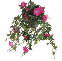 Hangplant met roze bloemen en groene bladeren in een plantenbak.