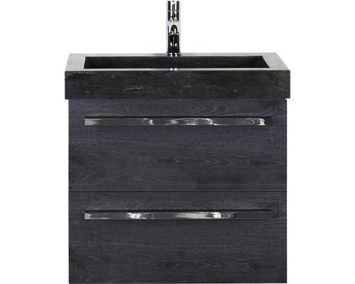 SANOX Badkamermeubelset Seville met zwarte wastafel 61 cm black oak Wastafelonderkast met twee laden, opzetwastafel en kraan