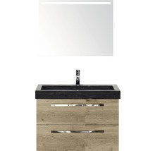 SANOX Badkamermeubelset Seville met LED lichtspiegel en zwarte wastafel 81 cm natuur eiken