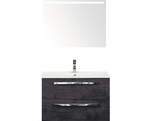 Badkamermeubelset Seville 80 cm keramische wastafel incl. spiegel met verlichting black oak