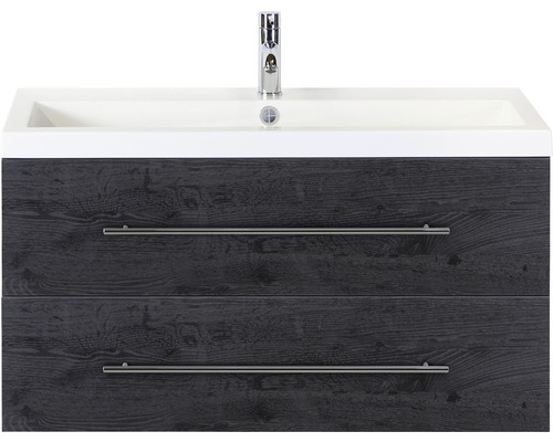 SANOX Badkamermeubelset Straight met wastafel met één kraangat 100 cm black oak Wastafelonderkast met twee laden en opzetwastafel