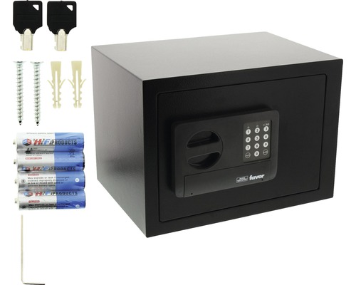 Zwarte meubelkluis met elektronisch slot, sleutels, batterijen, schroeven en pluggen