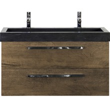 SANOX Badkamermeubelset Seville met zwarte dubbele wastafel met twee kraangaten 101 cm tabacco