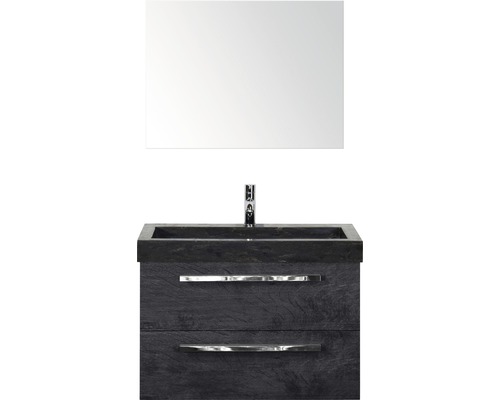SANOX Badkamermeubelset Seville met spiegel en zwarte wastafel 81 cm black oak Wastafelcombinatie met spiegel, onderkast en kraan