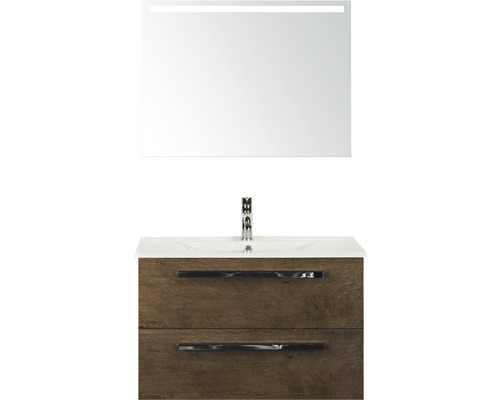 SANOX Badkamermeubelset Seville met LED lichtspiegel en wastafel 81 cm tabacco Wastafelcombinatie met spiegel en twee laden
