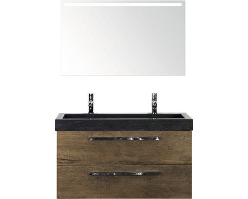 SANOX Badkamermeubelset Seville met LED lichtspiegel en zwarte wastafel met twee kraangaten 101 cm tabacco SANOX Badkamermeubelset Seville met LED lichtspiegel en zwarte wastafel met twee kraangaten 101 cm tabacco