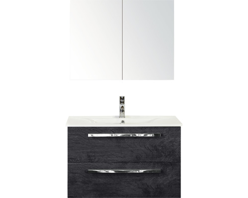 SANOX Badkamermeubelset Seville met spiegelkast en wastafel 81 cm black oak Wastafelmeubel met wastafel en spiegelkast voor de badkamer