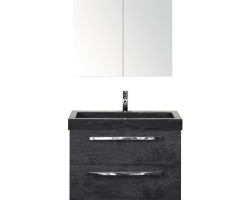 SANOX Badkamermeubelset Seville met spiegelkast en zwarte wastafel 81 cm black oak Badkamer wastafelonderkast met spiegel en laden