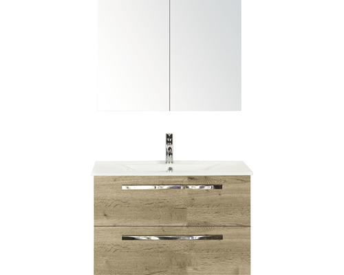 SANOX Badkamermeubelset Seville met spiegelkast en wastafel 81 cm natuur eiken Wastafelmeubel met wastafel en spiegelkast