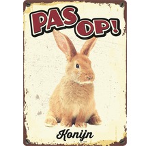 Metalen bord met de tekst ''Pas op! Konijn''