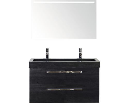 SANOX Badkamermeubelset Seville met LED lichtspiegel en zwarte wastafel met twee kraangaten 101 cm black oak SANOX Badkamermeubelset Seville met LED lichtspiegel en zwarte wastafel met twee kraangaten 101 cm black oak