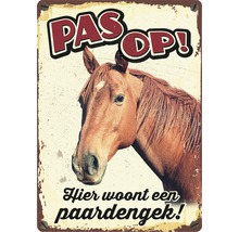 Metalen bord met paardenafbeelding en waarschuwing