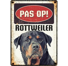 Metalen bord met de tekst ''Pas op! Rottweiler'' en een afbeelding van een rottweiler