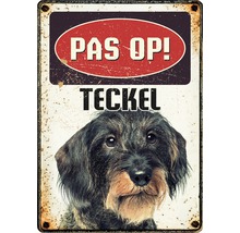 Metalen bord met de tekst ''Pas op! Teckel'' en een afbeelding van een teckel