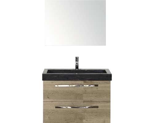 SANOX Badkamermeubelset Seville met spiegel en zwarte wastafel 81 cm natuur eiken Wastafelcombinatie met spiegel, wastafel, kraan en onderkast