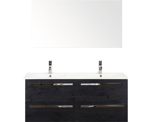 SANOX Badkamermeubelset vier laden Seville met spiegel en keramische wastafel 121 cm black oak SANOX Badkamermeubelset vier laden Seville met spiegel en keramische wastafel 121 cm black oak