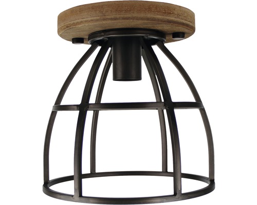Plafondlamp met houten voet en metalen kooi