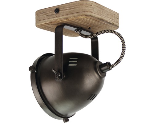 Plafondlamp met houten voet en verstelbare metalen lampenkap