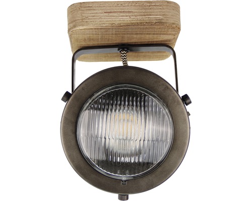 Plafondlamp met metalen rand en houten voet