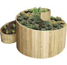 Houten kruidenspiraal met planten en aarde