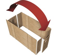 Montage van een tuinhuis met houten wanden en pijl