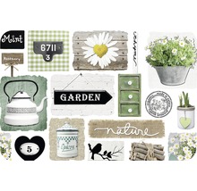 Collage met tuinelementen zoals borden, planten en decoraties