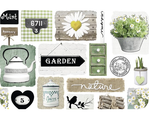 Collage met tuinelementen zoals borden, planten en decoraties