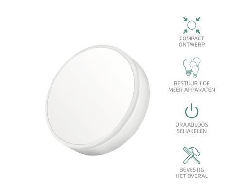 Ronde ledlamp met de symbolen: compact ontwerp, stuurt een of meer apparaten aan, draadloos schakelen, bevestig het overal.