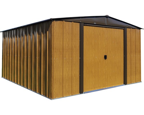Metalen tuinhuis met schuifdeur en houtlook