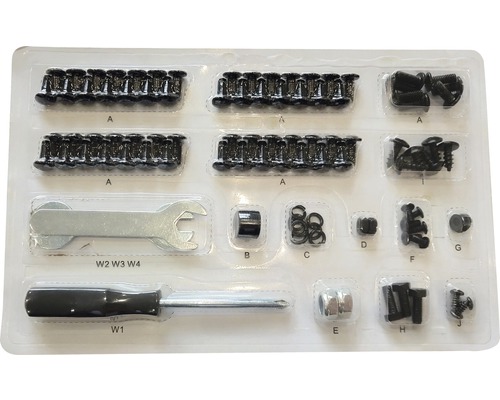 Assortiment schroeven, moeren en gereedschap in plastic verpakking