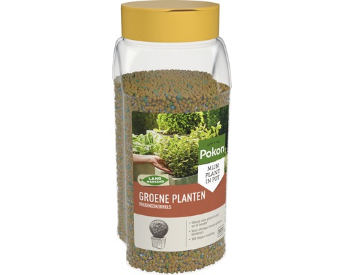 Pokon voedingskorrels voor groene planten in transparante pot met gele deksel