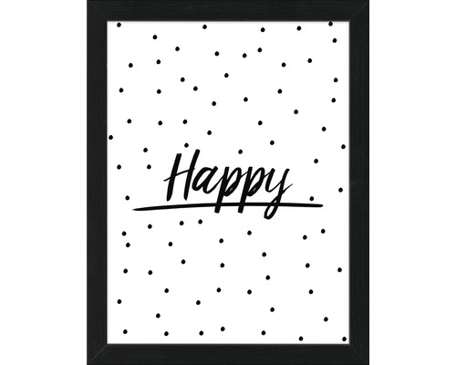 Ingelijste poster met de tekst Happy en stippen