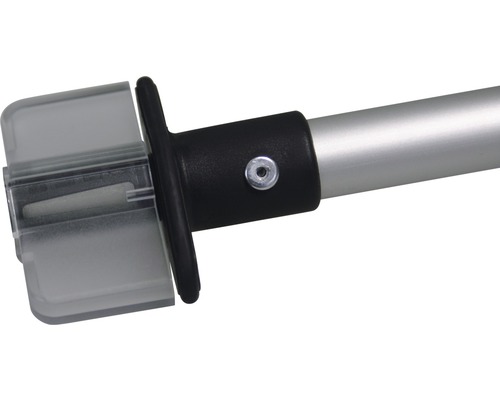 Detailopname van een telescopische steel met transparante houder en zwarte beugel