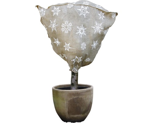 Plant in pot met winterbeschermingszak met sneeuwvlokmotief