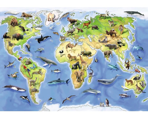 Fotobehang vlies Wereldkaart dieren 254x184 cm