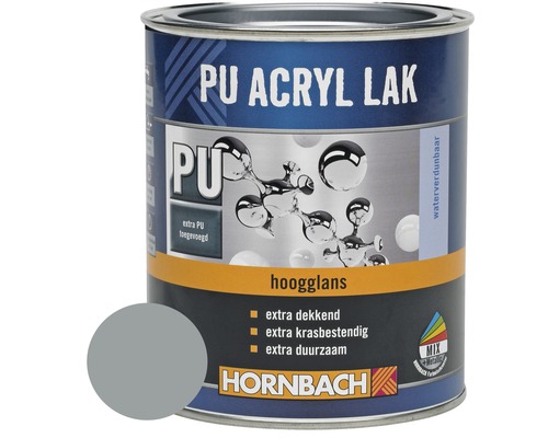 HORNBACH PU Acryl lak hoogglans zilvergrijs 750 ml PU Acryllak blik met kleurvoorbeeld en Hornbach logo
