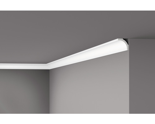 DECOFLAIR Sierlijst plafond B2 3,5x3,5x200 cm Hoekweergave van een witte sierlijst aan het plafond