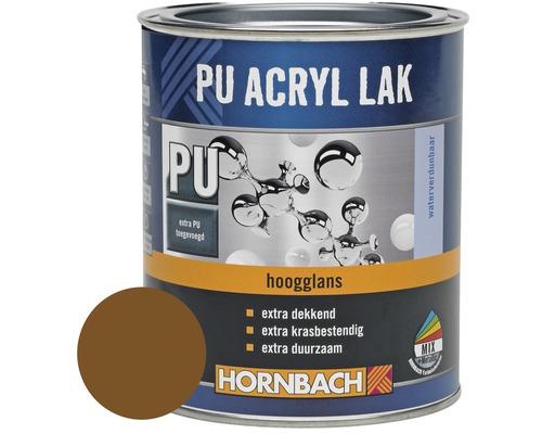 HORNBACH PU Acryl lak hoogglans leembruin 750 ml PU Acryllak blik met kleurvoorbeeld en Hornbach logo