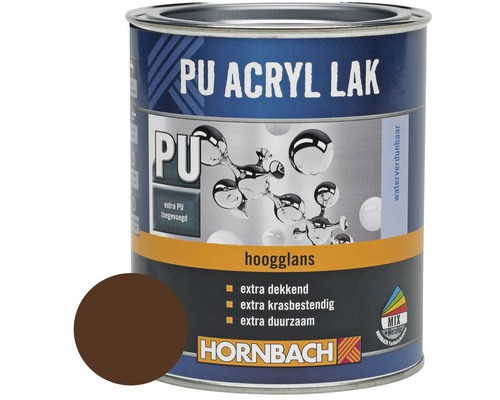 HORNBACH PU Acryl lak hoogglans notenbruin 750 ml PU Acryllak blik met kleurvlek en Hornbach logo