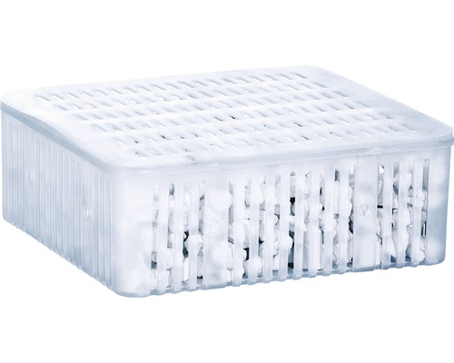 Vochtabsorber met korrels in een kunststof bak